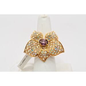 Thailand AB Rhinestone Flower Ring Purple Glass Center Sz 7.5